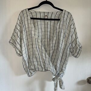 Free People White and Blue Grid Tie-Front Blouse